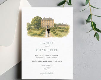 Invitaciones de boda con acuarela para el lugar y retratos de pareja - Invitaciones de boda modernas - Paquete de invitaciones personalizadas clásicas