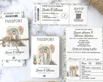 Invitación de pasaporte para boda de destino: Verde oliva, retrato personalizado