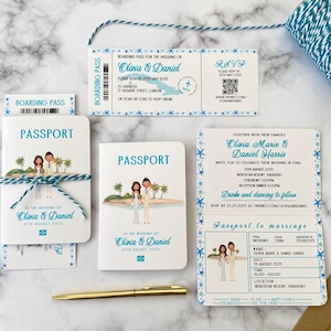 Hochzeit Passport Einladung & Bordkarte Antwortkarte Tropischer Strand Design Karibischer Stil - Personalisied Portrait - Jedes Land