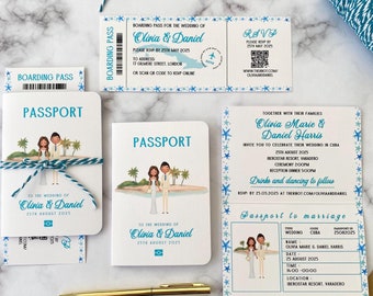 Invitación de pasaporte para boda de destino: Playa tropical, retrato personalizado