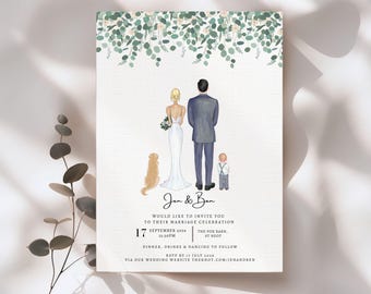 Invitaciones de boda con retratos de pareja: invitaciones personalizadas de eucalipto