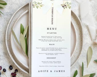 Tarjeta de lugar para menú de boda con hoja de olivo y lazo blanco
