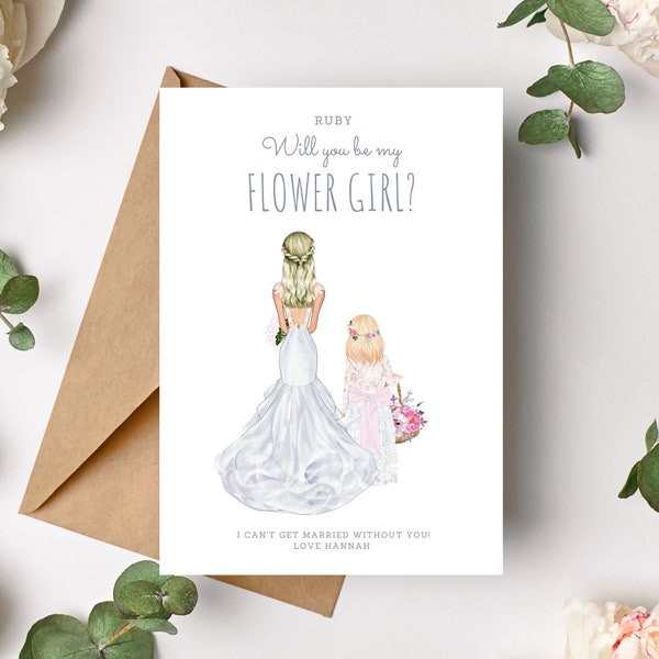 Will you be my Flower Girl Card - Personalised - Flower Girl Bridesmaid Proposal - Custom Bride Illustration - Flowergirl Gift Proposal