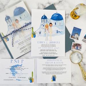 Bestimmungs-Hochzeitseinladungskarten - Griechenland - Strandhochzeitseinladungen Einzigartige kundenspezifische Porträt-Designillustration - Griechisch Invite-Reihe