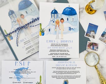 May include: Wedding invitation with a watercolor illustration of a white building with blue accents, a couple in front of the building, and the text "Emily & Andrew" and "1st September 2025".
