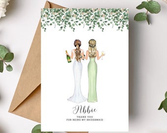 Tarjeta de agradecimiento de dama de honor - Personalizada - Propuesta de tarjeta de dama de honor - Ilustración de novia y dama de honor - Eucalipto de dama de honor