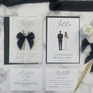 Suite di inviti per ritratti di nozze RSVP - Scheda dei dettagli Biglietti di invito per nozze minimali neri - Pacchetto di inviti - Fiocco di perle di lusso