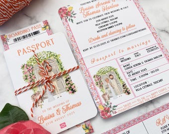 Invitación de boda de destino con pasaporte y tarjeta de embarque RSVP Diseño colorido y brillante Estilo mediterráneo - Retrato personalizado