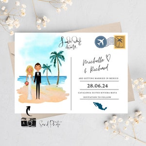 Destination Wedding Save the Date Cards - Tropical Beach Postcard Design - Custom Couple Portrait Illustration Invitations - Beach Wedding