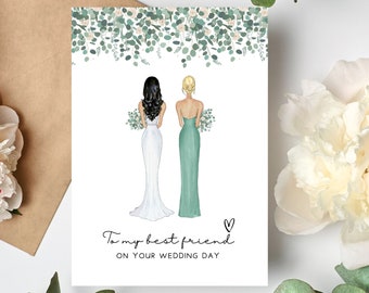 Best Friend Wedding Day Card - Personalised - Bridesmaid Bride Card - Bride Gift - Wedding Day Card Eucalyptus - Customised Illustration