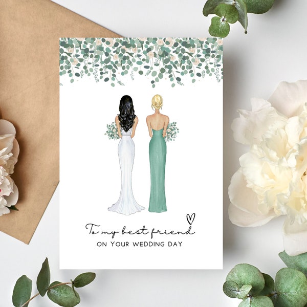 Best Friend Wedding Day Card - Personalised - Bridesmaid Bride Card - Bride Gift - Wedding Day Card Eucalyptus - Customised Illustration