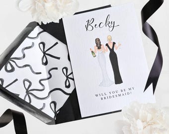 ¿Quieres ser mi dama de honor? - Tarjeta personalizada - Propuesta para damas de honor - Ilustración de novia y damas de honor - Propuesta minimalista en negro