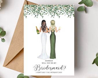 Will you be my Bridesmaid Card - Personalised - Bridesmaid Proposal - Bride & Bridesmaid Illustration - Maid of Honor Proposal Eucalyptus