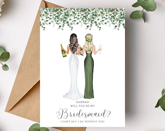 Will you be my Bridesmaid Card - Personalised - Bridesmaid Proposal - Bride & Bridesmaid Illustration - Maid of Honor Proposal Eucalyptus