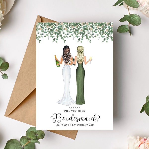 Will you be my Bridesmaid Card - Personalised - Bridesmaid Proposal - Bride & Bridesmaid Illustration - Maid of Honor Proposal Eucalyptus
