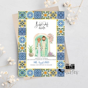 Boda de destino Guardar las tarjetas de fecha - Diseño mediterráneo - Invitaciones de ilustración de retrato de pareja personalizada - Boda italiana