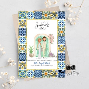 Destination Wedding Save the Date Cards - Mediterranean Design - Custom Couple Portrait Illustration Invitations - Italian Wedding