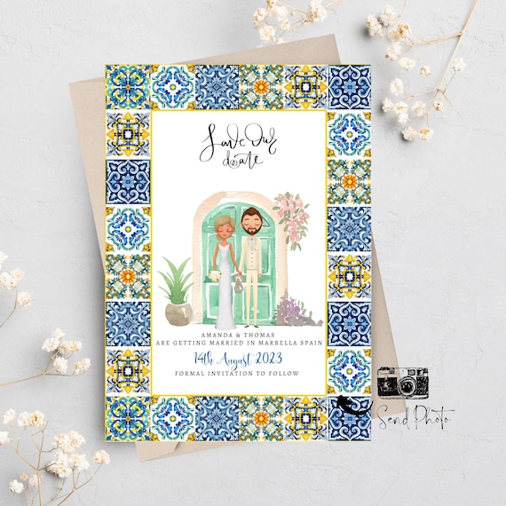 Destination Wedding Save the Date Cards - Mediterranean Design - Custom Couple Portrait Illustration Invitations - Italian Wedding