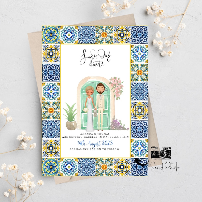 Destination Wedding Save the Date Cards - Mediterranean Design - Custom Couple Portrait Illustration Invitations - Italian Wedding image 1