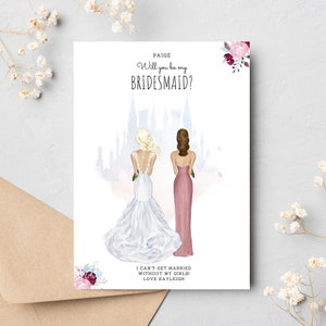 Inspirado em contos de fadas - Você será meu cartão de dama de honra - Personalizado - Proposta de dama de honra - Ilustração personalizada de noiva e dama de honra