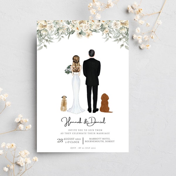 Couple Portrait Wedding Invitations - Custom Portrait Save the Date Cards - Family Pet Portrait Illustration - White Flowers Eucalyptus