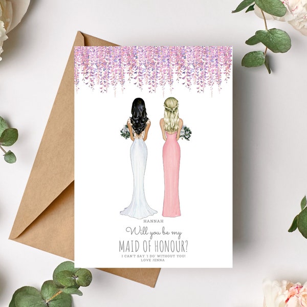 Will you be my Maid of Honour Card - Personalised - Bridesmaid Card Proposal - Bridesmaid Illustration - Maid of Honor - Eucalyptus Pastel