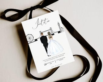 Invitaciones de boda con retratos de pareja - Invitaciones de boda minimalistas y modernas - Paquete de invitaciones personalizadas clásicas - Horizonte de Londres