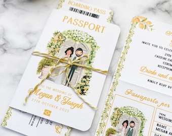 Invitación de boda de destino con pasaporte y tarjeta de embarque RSVP Diseño de limones amarillos Estilo mediterráneo - Retrato personalizado