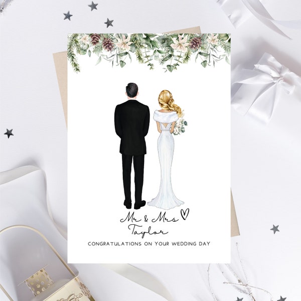 Christmas Wedding Card  Custom Couple Illustration Wedding Day Card - Personalised - Bride & Groom Illustration - Winter Wedding