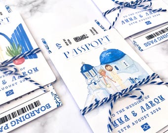 Invitación de boda en Grecia: Pasaporte, tarjeta de embarque y retrato de la pareja
