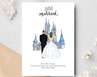 Fairytale Inspired Wedding Day Card - Personalised Couple Illustration - Custom Bride & Groom Card- Mr Mrs Card