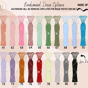 May include: Chart of 81 different bridesmaid dress options. The dresses are all long and have lace detailing. The chart is labeled with numbers 60 through 81.