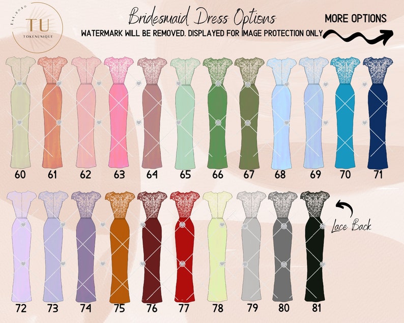May include: Chart of 81 different bridesmaid dress options. The dresses are all long and have lace detailing. The chart is labeled with numbers 60 through 81.