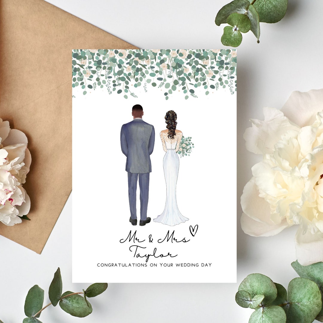 Wedding Card Custom Couple Illustration Wedding Day Card - Personalised ...