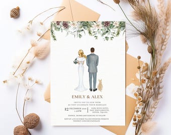 Invitaciones de boda con retratos de pareja - Personalizadas con flores de invierno