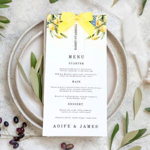 Cardápio de casamento e cartão de lugar - Design de limões italianos com estilo de laço amarelo Cartões de nome de convidados de casamento Menu personalizado Casamento Itália