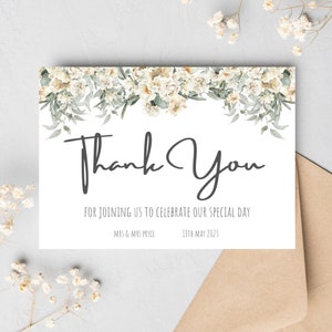 Hochzeit Dankeskarte - Personalisiert - Hochzeitsgast Dankeschön - Dankeschön Karte Brautparty - Eukalyptus weiße Rosen - Geschenk Dankeschön