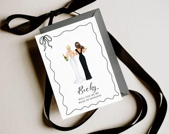 ¿Quieres ser mi dama de honor? - Tarjeta personalizada - Propuesta para damas de honor - Ilustración de novia y damas de honor - Dama de honor minimalista en negro