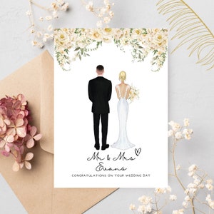 Bruiloft kaart aangepaste paar illustratie trouwdag kaart - gepersonaliseerd - bruid & bruidegom illustratie - witte bloemen