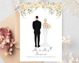 Carte de mariage Illustration de couple personnalisée Carte de jour de mariage - Personnalisée - Illustration de la mariée et du marié - Fleurs blanches