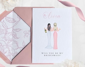 Tarjeta "¿Quieres ser mi dama de honor?" - Personalizada - Ilustración de regalo para propuesta de dama de honor - Diseño floral damasco rosa