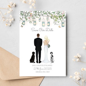 Hochzeit Save the Date Karten - Custom Hochzeit Portrait Illustration Haustier Hund - Boho Outdoor Garten Design - Braut Bräutigam Cartoon Sketch