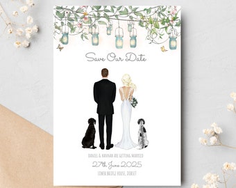 Wedding Save the Date Cards - Custom Wedding Portrait Illustration Pet Dog - Boho Outdoor Garden Design - Bride Groom Cartoon Sketch