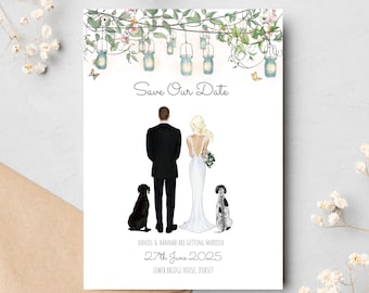 Custom Wedding Save the Date Cards: Boho Pet Portrait Illustration