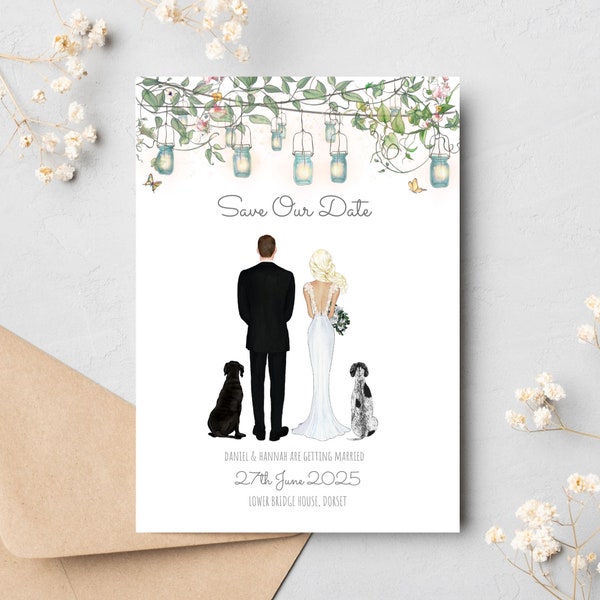 Wedding Save the Date Cards - Custom Wedding Portrait Illustration Pet Dog - Boho Outdoor Garden Design - Bride Groom Cartoon Sketch