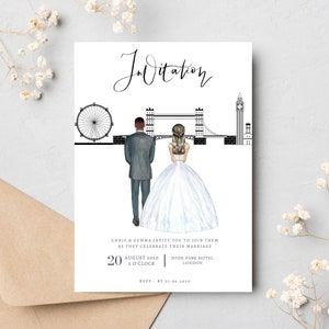 Tarjetas de invitación de boda con silueta de horizonte de la ciudad de Londres - Invitaciones de ilustración de retrato de pareja - Suite de invitación de paisaje urbano - Moderno