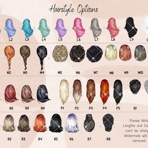 May include: A chart of 22 different hairstyle options for a customizable illustration. The hairstyles are arranged in four rows, with each row labeled with a letter and number. The hairstyles include various lengths, colors, and styles, such as long, short, curly, straight, and braided.