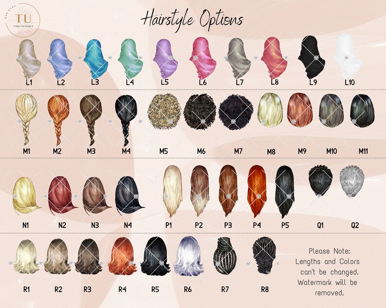 May include: A chart of 22 different hairstyle options for a customizable illustration. The hairstyles are arranged in four rows, with each row labeled with a letter and number. The hairstyles include various lengths, colors, and styles, such as long, short, curly, straight, and braided.