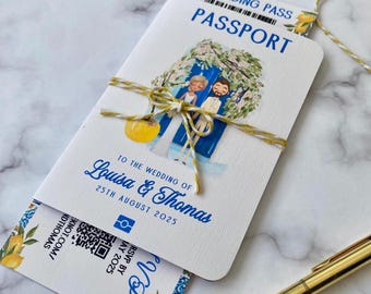 Invitación de pasaporte para boda de destino: Limones mediterráneos, retrato personalizado