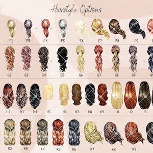 May include: A chart of 40 different hairstyle options for women. The hairstyles are illustrated with drawings of women's heads with different hair colors and styles. The chart is labeled "Hairstyle Options".
